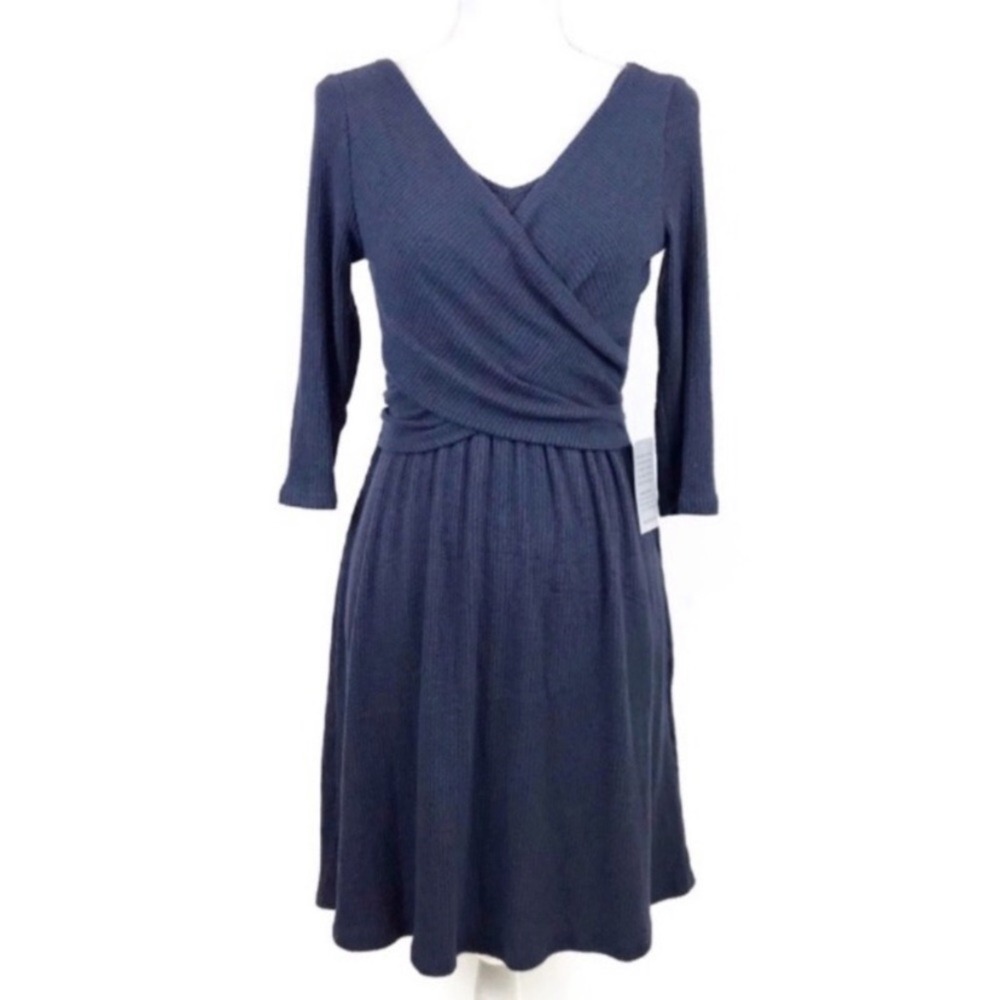 The Vanity Room Dress Ribbed Mini Stretch V Neck Small Navy NWT